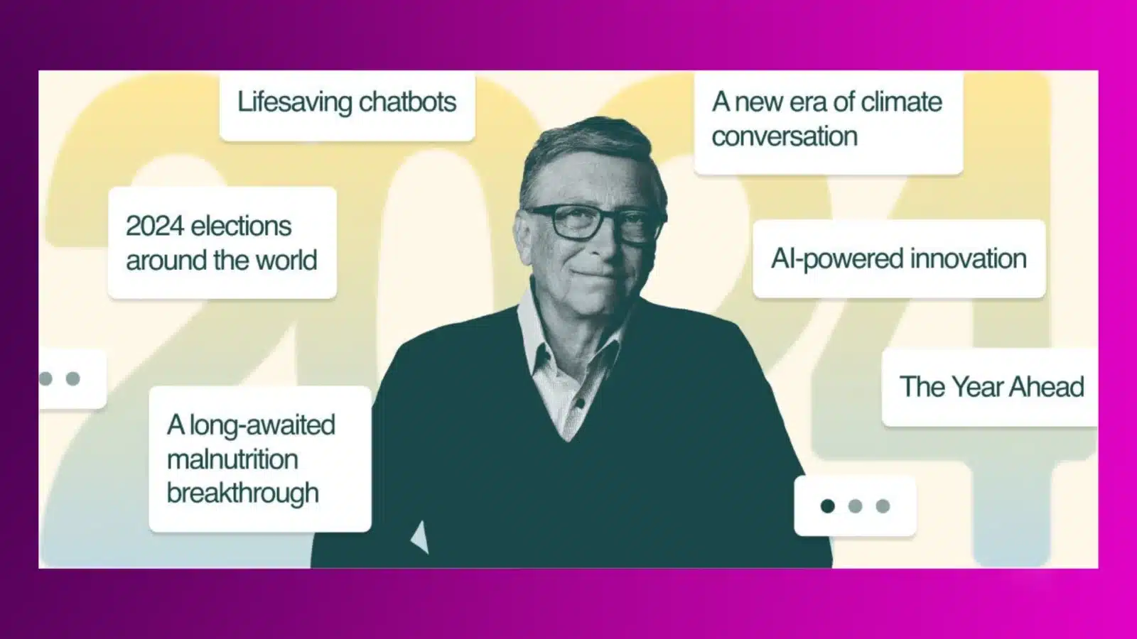 bill gates surrounded by text outlining his predictions for 2024's tech