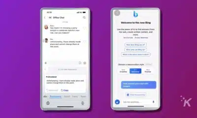The image shows a conversation between two people in which one person is inviting the other to a party to celebrate a new role, but the other person has already made plans and cannot attend. Full Text: V 11:11 .ill 5G < oc Office Chat 0 11:11 Welcome to the new Bing Robin Hey team! I'm throwing a party tonight to celebrate Valerie's new Use the power of Al to find answers from role. Can you make it? the web, create written content, and more. Max Terms of Use Privacy Statement Unfortunately, I have already made plans and cannot change them at this point. How does Bing use Al? What else can Bing do? What is the latest news in tech? + Choose a conversation style Preview It's too late I have plans More More More Creative Balanced Precise Professional Unfortunately, I have already made plans and cannot change them at this point. what dessert pairs well with lasagna L Replaced [ Copy abc Professional Casual Funny T Stop Responding *K Ask me anything ...