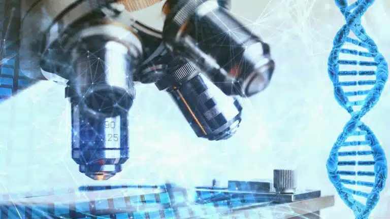 Microscope examining DNA strands, scientific research concept.