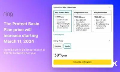 The image shows a promotional graphic for Ring's Protect Basic Plan with a notification that the price will increase starting March 11, 2024, from $3.99 to $4.99 per month, or $39.99 to $49.99 per year. Below is a comparison of three Ring subscription plans: Ring Protect Basic, Ring Protect Plus, and Ring Protect Pro with their respective annual costs, savings with the annual plan, and features. The selected billing cycle is highlighted as 'Yearly', with options to switch to 'Monthly' or 'Yearly', and a price tag of $39.99/year. There is a CTA button that says "Subscribe on Ring.com", and branding elements of the company Ring, with its logo at the top. The background is in shades of purple.