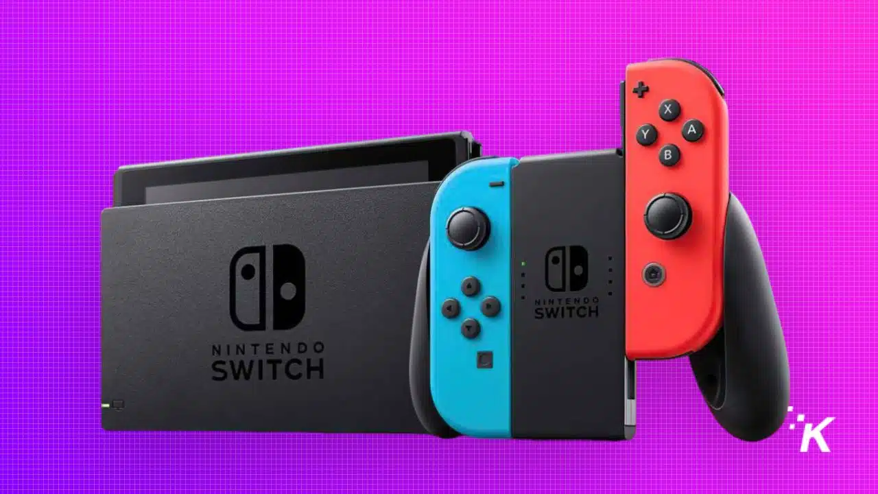 Nintendo Switch console with neon blue and red controllers.