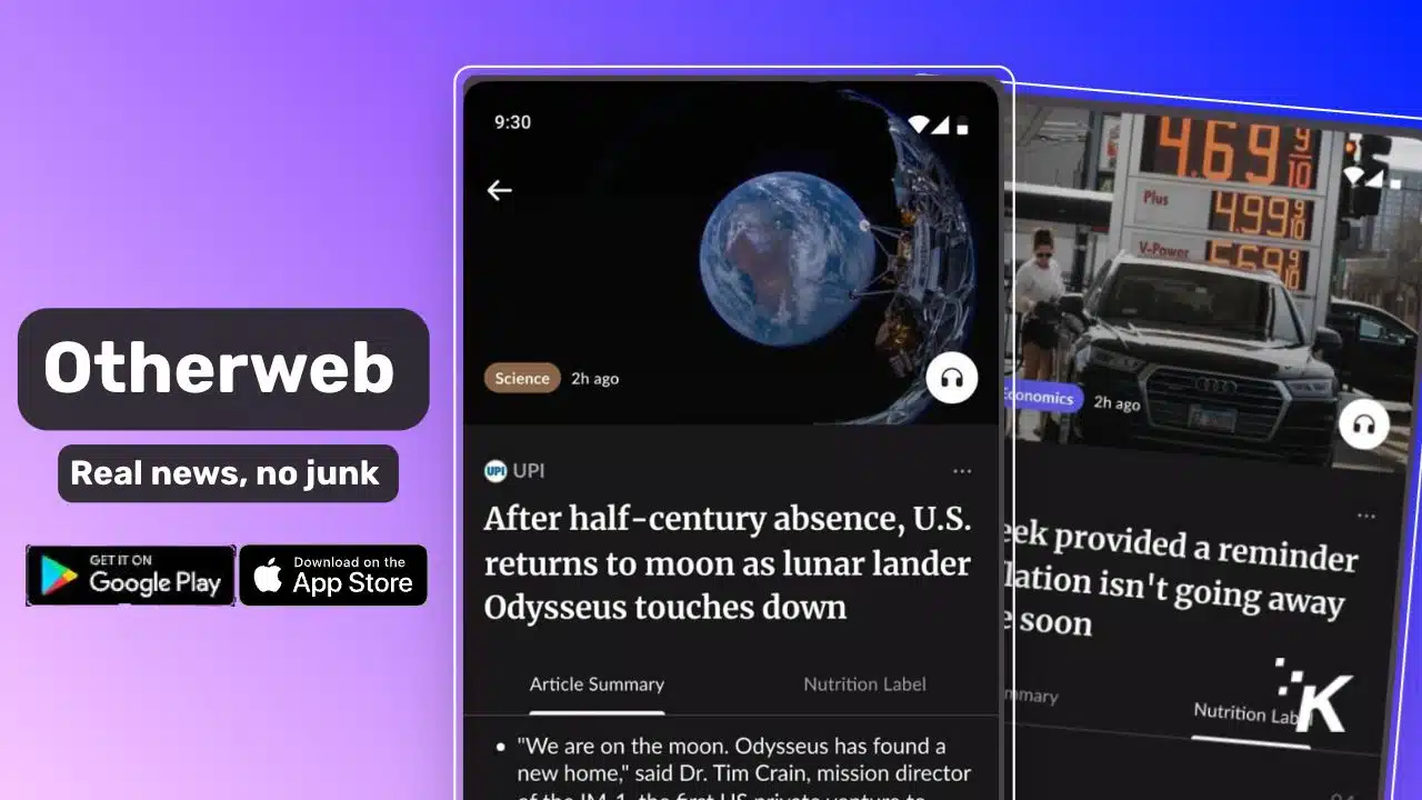 Screenshots of Otherweb news app featuring science and economics articles.