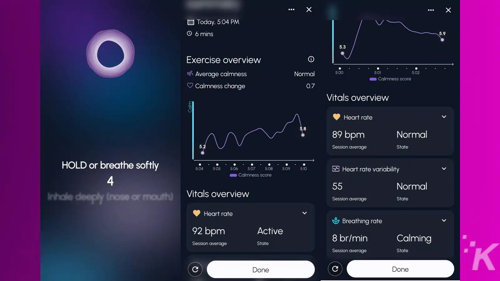 Health tracking app interface showing vitals and calmness score.