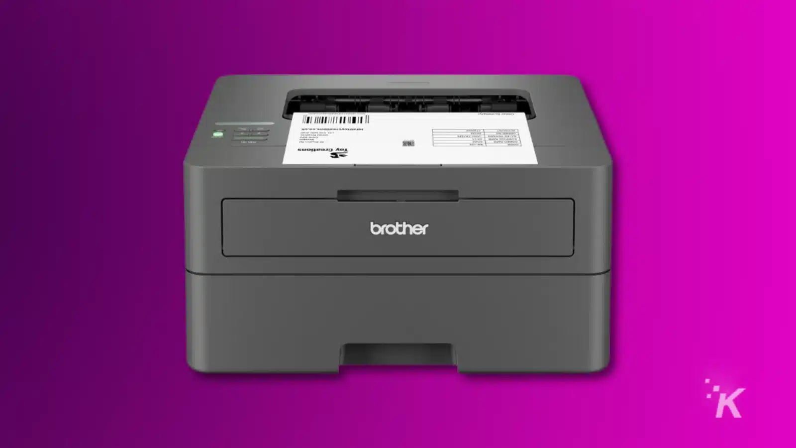 Brother printer on vibrant purple background.