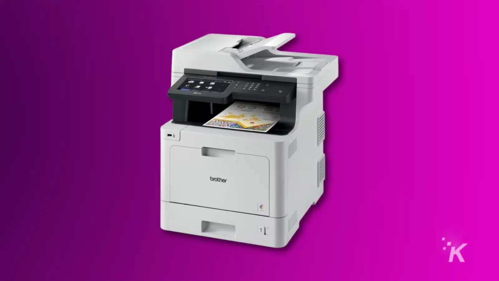 Brother multifunction printer on purple background