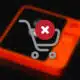 Red X over shopping cart on blurred rabbit r1 device in background