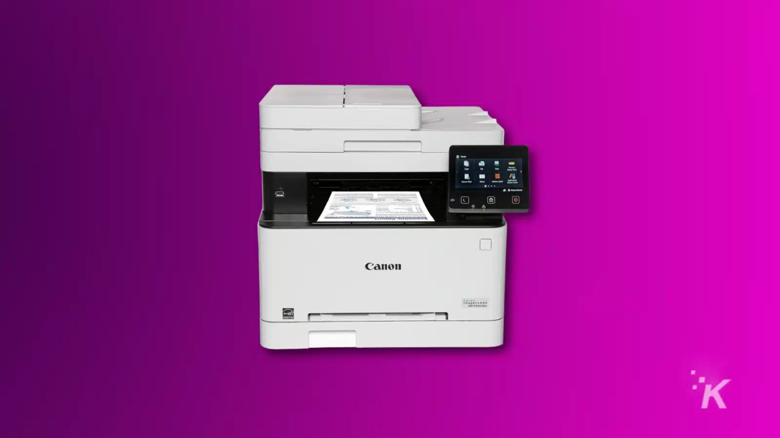 Canon multifunction printer on vivid purple background
