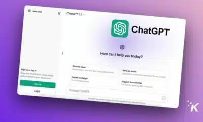 A screenshot of a hypothetical ChatGPT interface with the logo and the prompt "How can I help you today?" alongside example tasks such as idea generation, explaining concepts, and writing an email. There are options to sign up or log in at the bottom left corner.