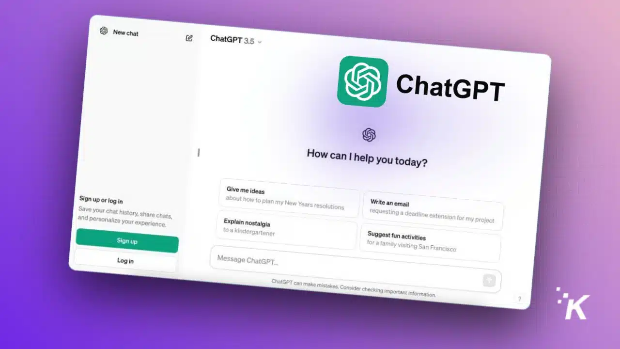 A screenshot of a hypothetical ChatGPT interface with the logo and the prompt "How can I help you today?" alongside example tasks such as idea generation, explaining concepts, and writing an email. There are options to sign up or log in at the bottom left corner.
