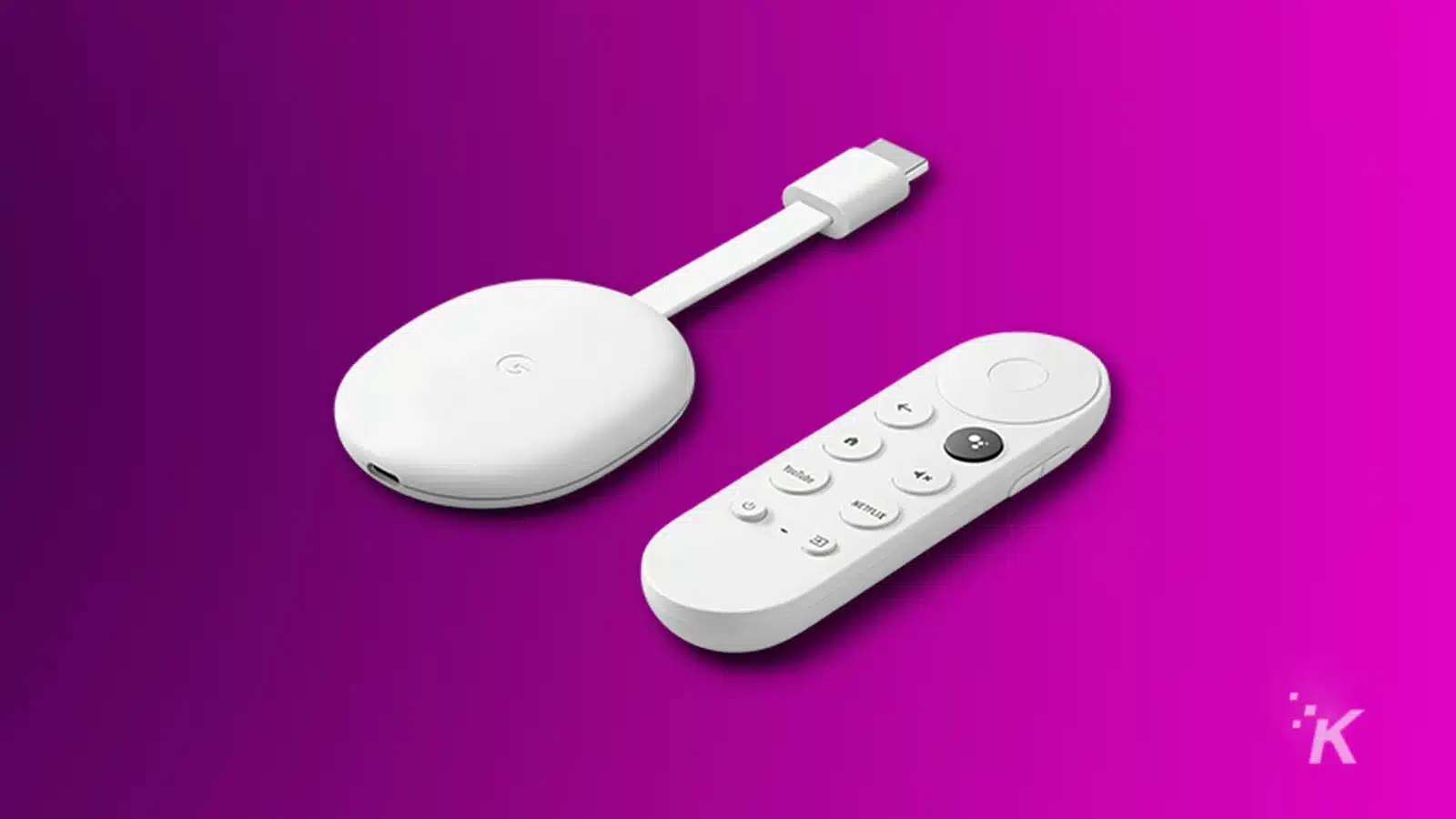 google chromecast device and remote on purple background.