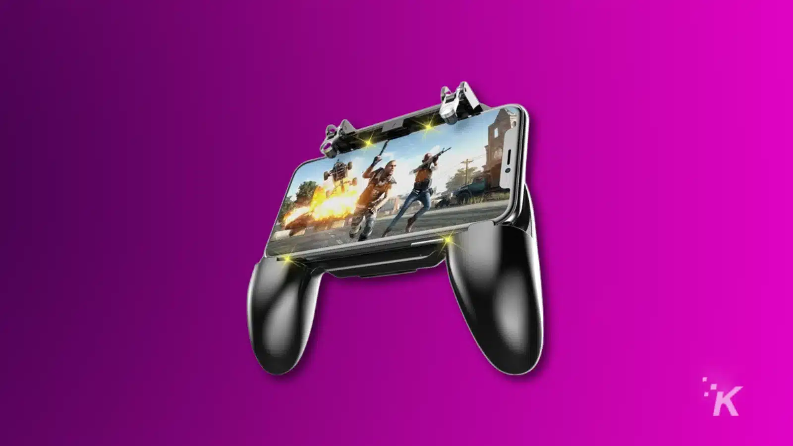 render of a gaming controller holding an android phone on a purple background