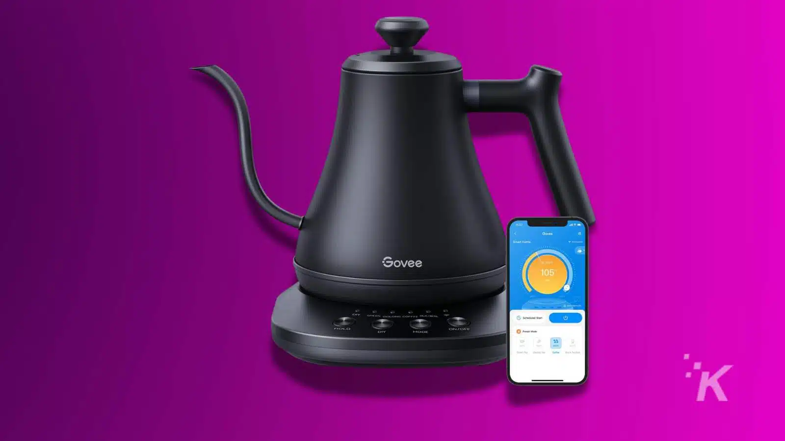 Govee smart kettle and mobile app on purple background.