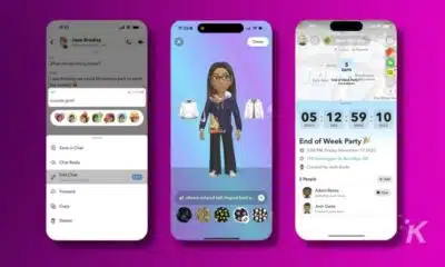Three smartphones displaying different applications on a purple background; the left shows a messaging app, the center a virtual avatar creator, and the right a social event countdown.