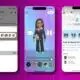 Three smartphones displaying different applications on a purple background; the left shows a messaging app, the center a virtual avatar creator, and the right a social event countdown.