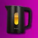 Black electric kettle with visible water level indicator.