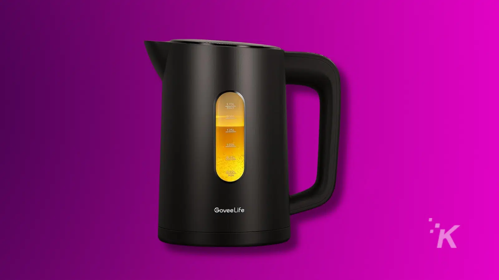 Black electric kettle with visible water level indicator.