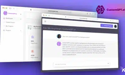 A graphic design of a digital workspace showing three browser windows, with the foremost window displaying a Q&A interface from CustomGPT.ai, an AI-powered chatbot service for lead generation, overlaid on a light purple background.