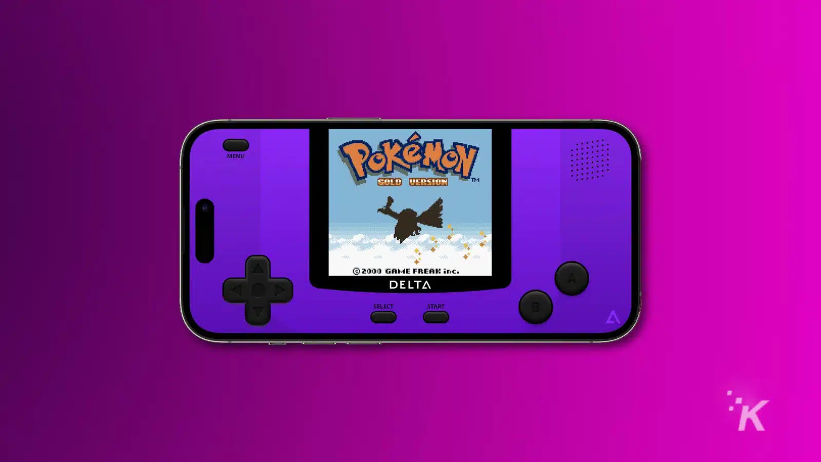 delta emulator displaying classic Pokémon game, on a purple background