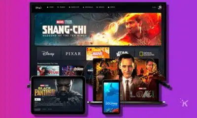 disney plus content on multiple screens on a purple background
