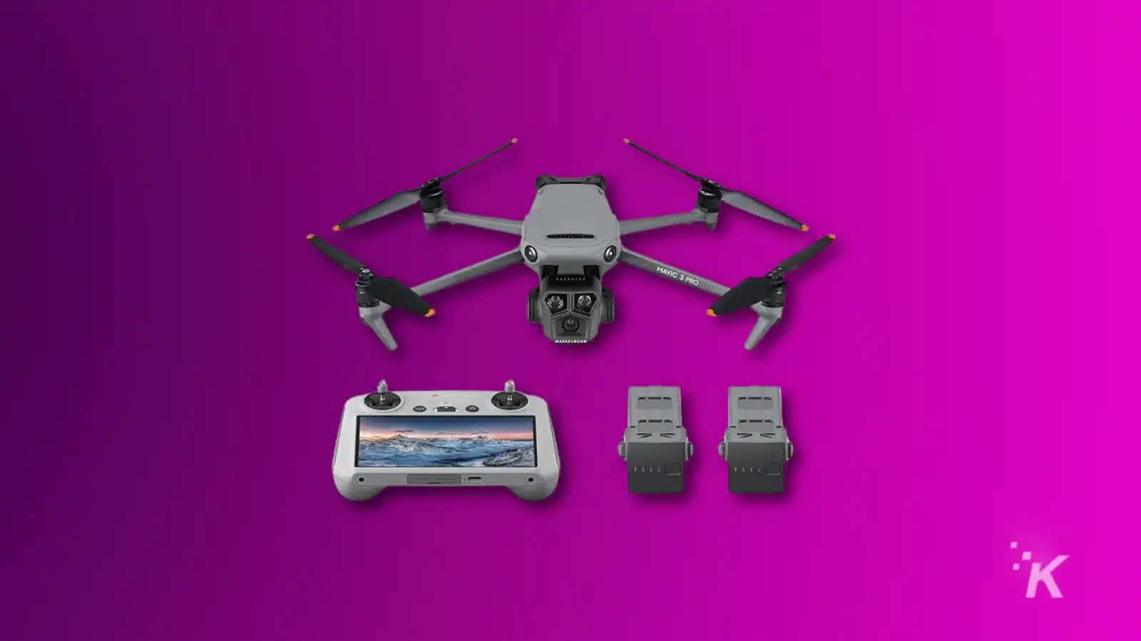 render of a dji mavic 3 pro drone and accessories on a purple background