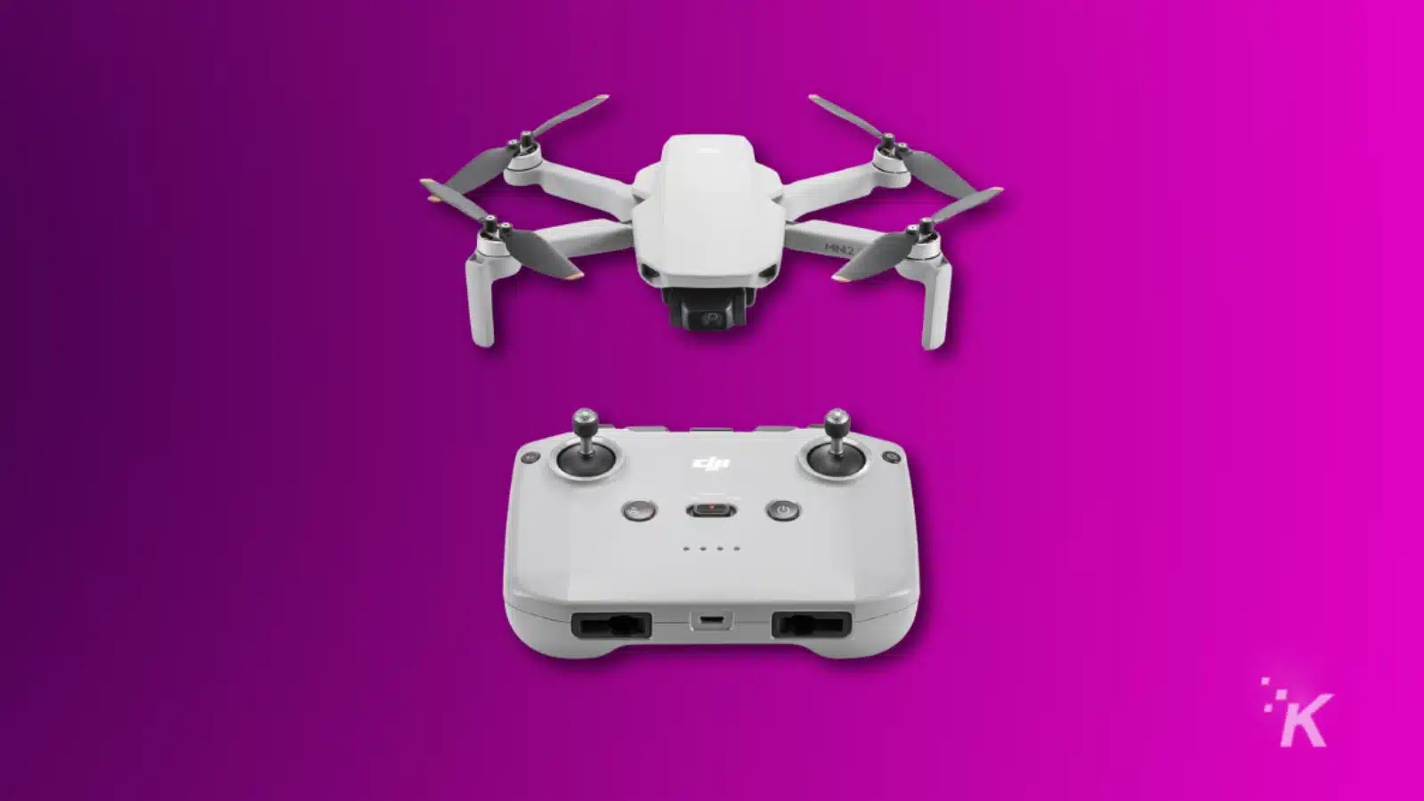 render of a dji mini 2 se drone and controller on a purple background