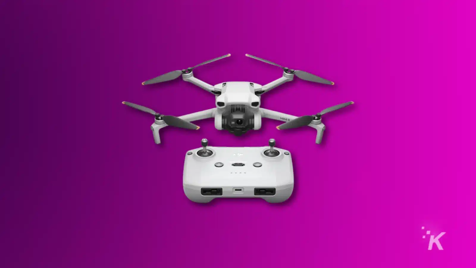 render of a dji mini 3 drone and controller on a purple background