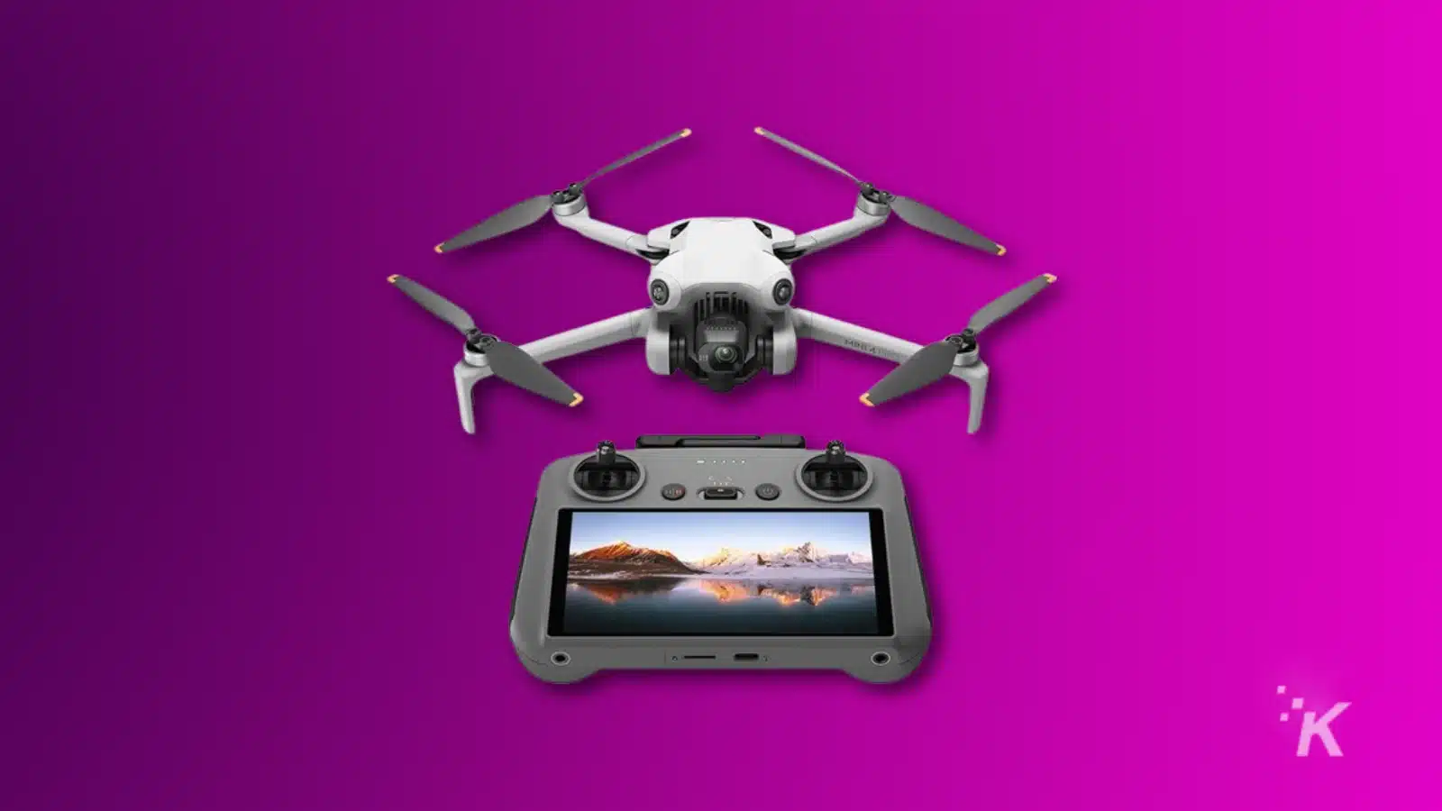 dji mini 4 pro drone and controller on a purple background