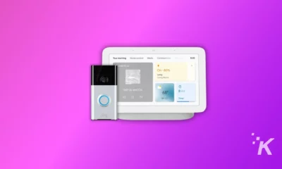 Ring Video Doorbell and Google Home on the purple background