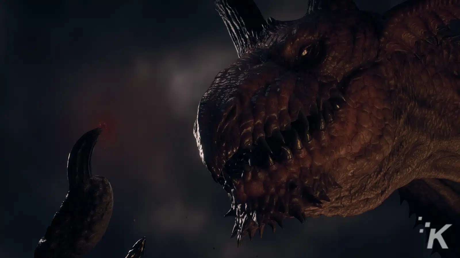 A close-up image of a menacing dragon's head with detailed scales, sharp teeth, and horns against a dark, cloudy background.