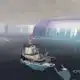 Fishing boat on calm sea near futuristic structure.