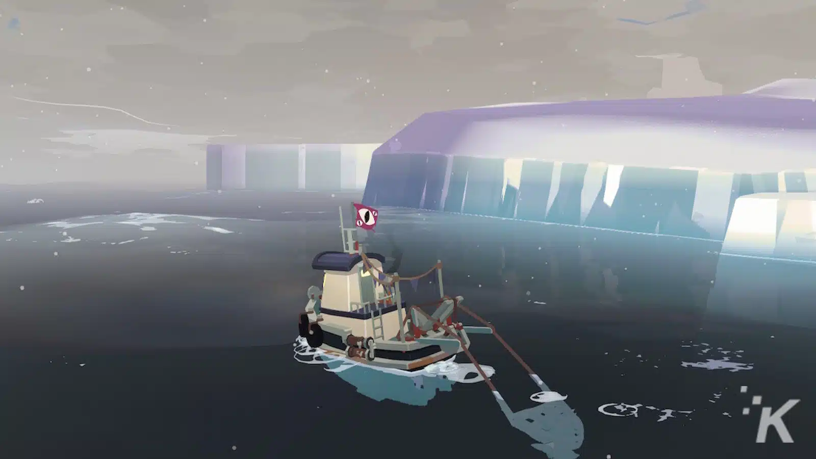 Fishing boat on calm sea near futuristic structure.