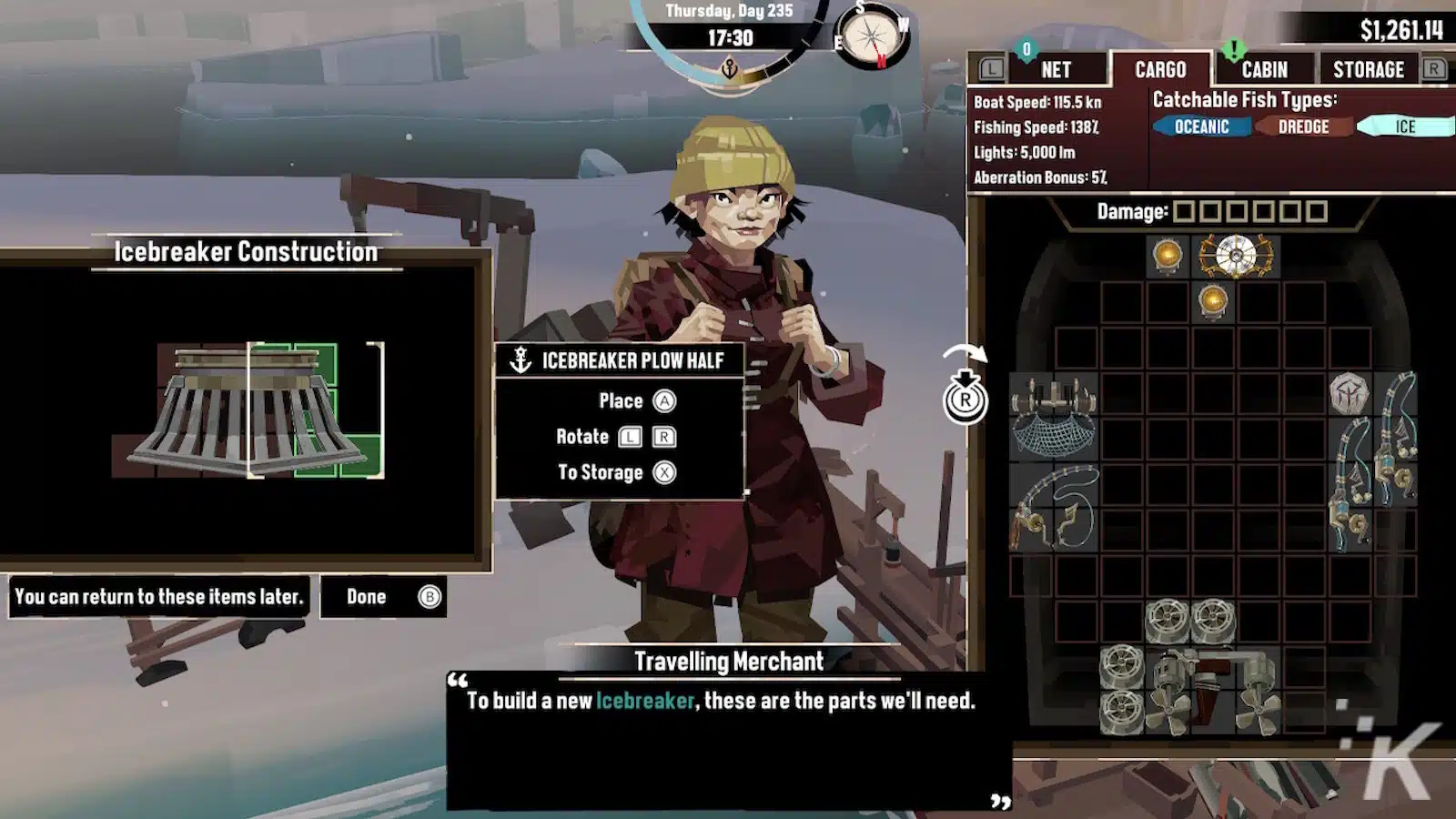 In-game screenshot showing icebreaker construction and merchant.