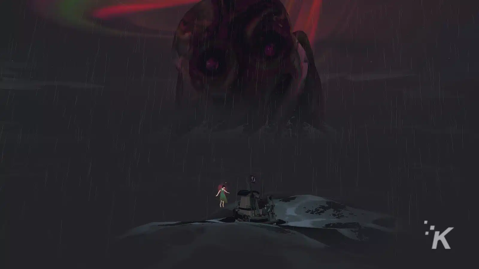 An illustration of a giant, ominous creature with multiple glowing red eyes looming over a small figure standing by a sci-fi-looking vehicle in a dark, rainy environment.