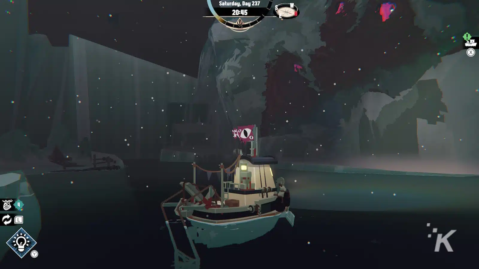 Boat exploring mystical cave with glowing crystals and HUD.