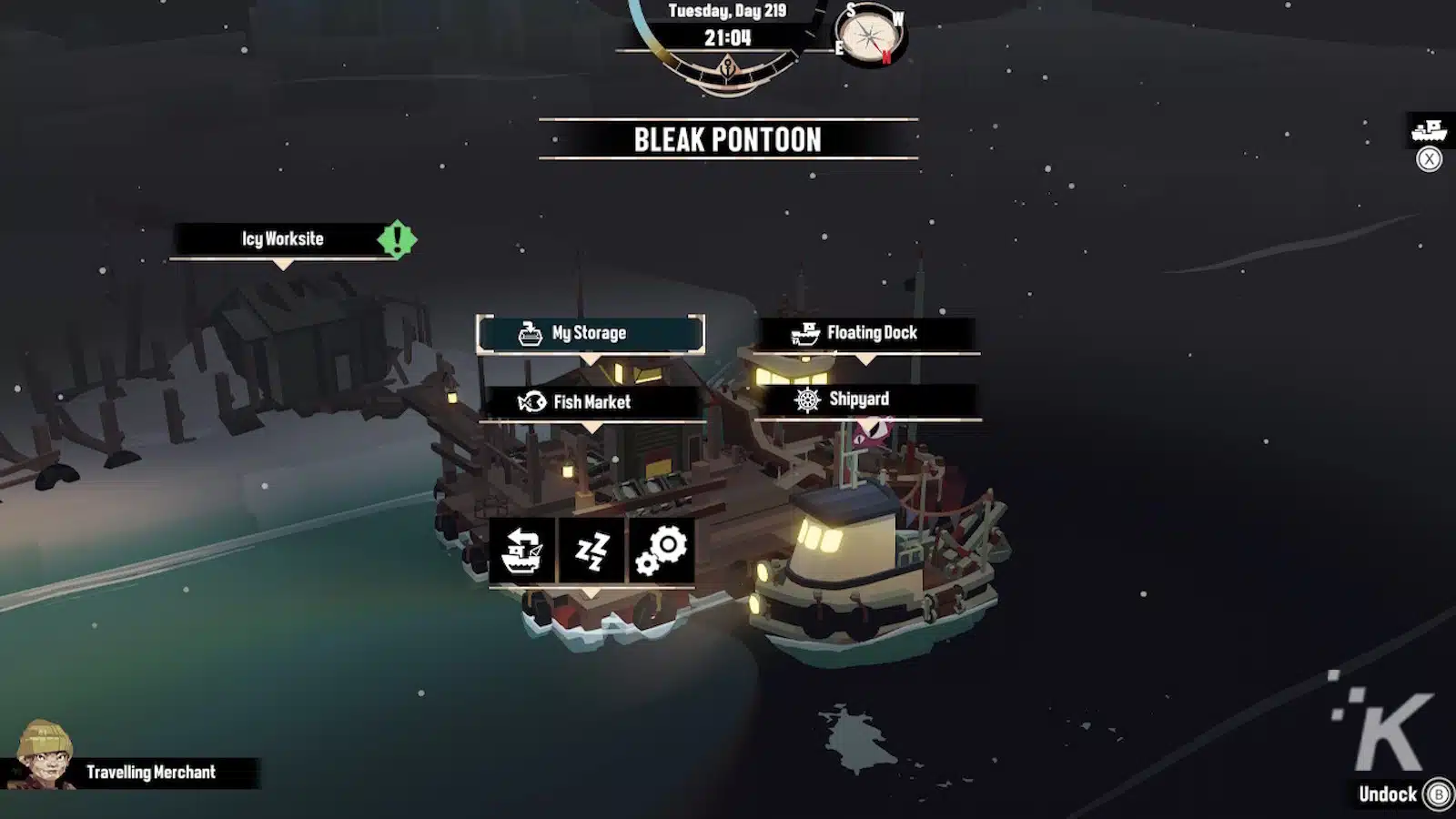 Nighttime harbor video game scene with interactive menus.