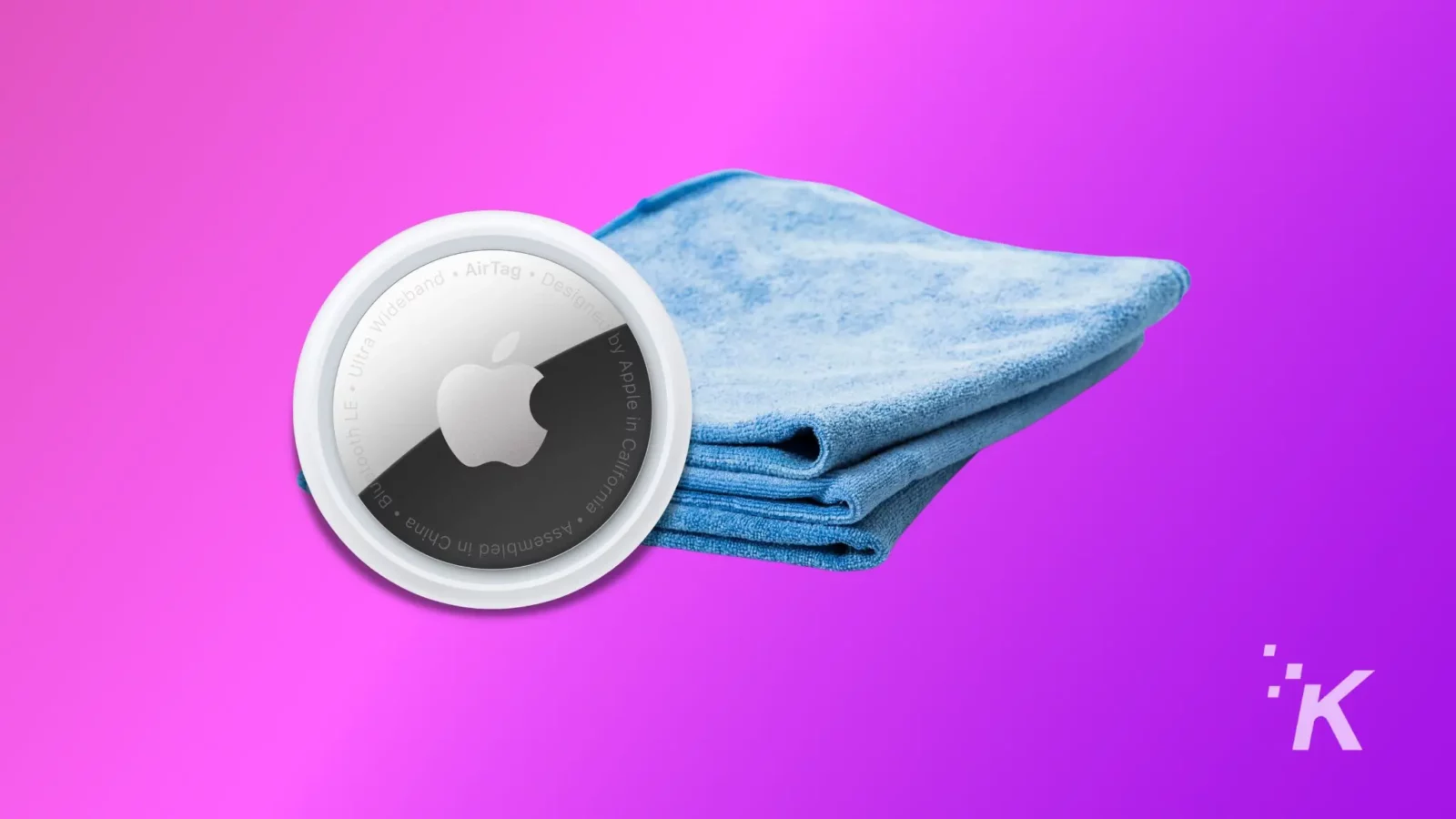 Microfiber cloth and Airtag on the purple background