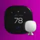 An ecobee smart thermostat displaying 78 degrees with humidity and air quality indicators, alongside a white sensor, against a purple background.