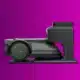render of ecovacs robotic mower and docking station on a purple background