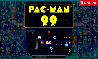 The image is showing a Pac-Man 99 game being played with the score, speed, and round being displayed.