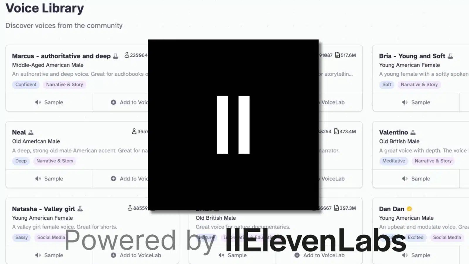 elevenlabs logo on a screenshot of their voice library