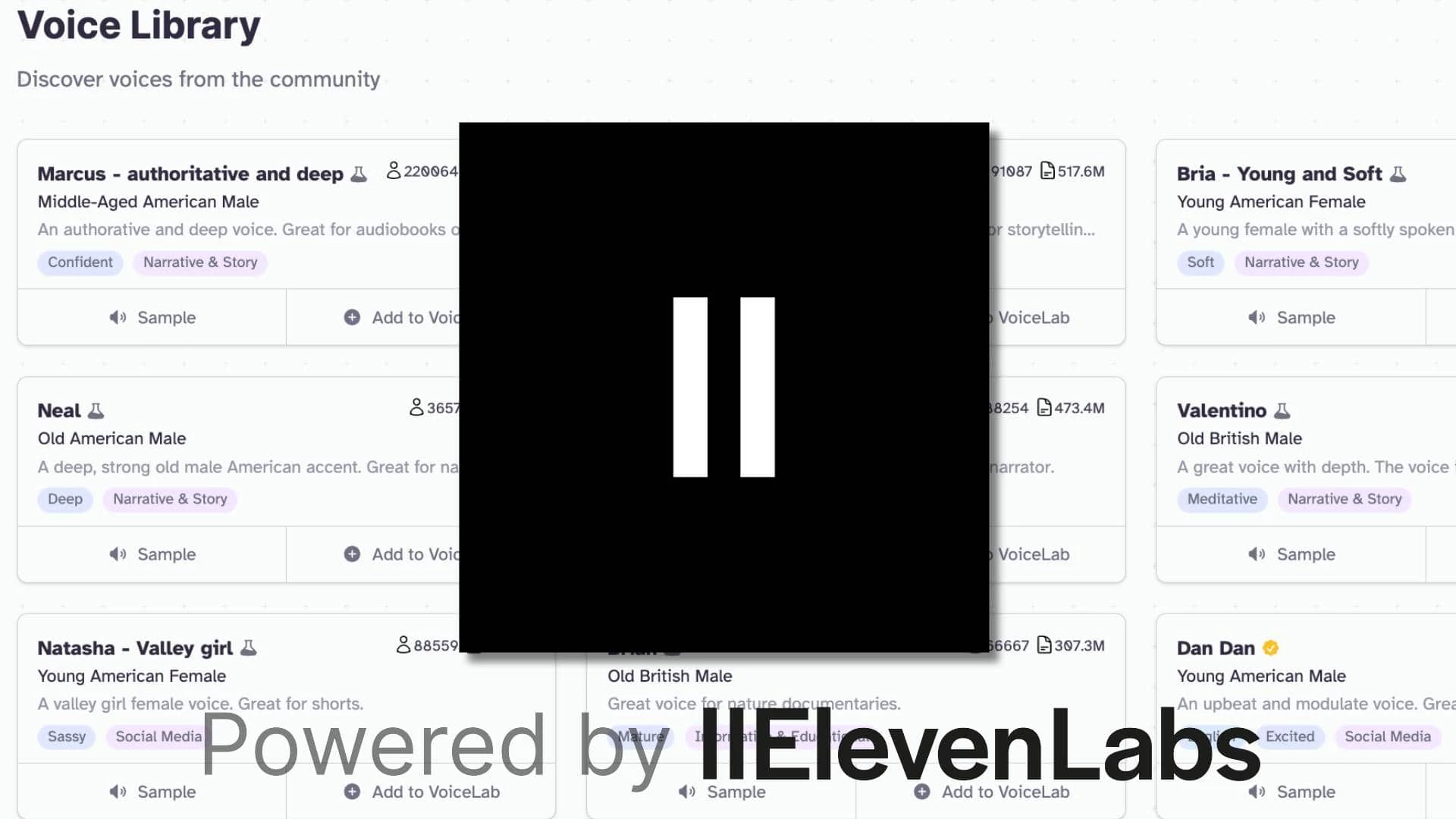 elevenlabs logo on a screenshot of their voice library