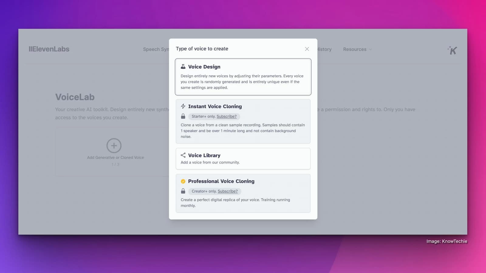 voicelabs feature from elevenlabs on a purple gradient background