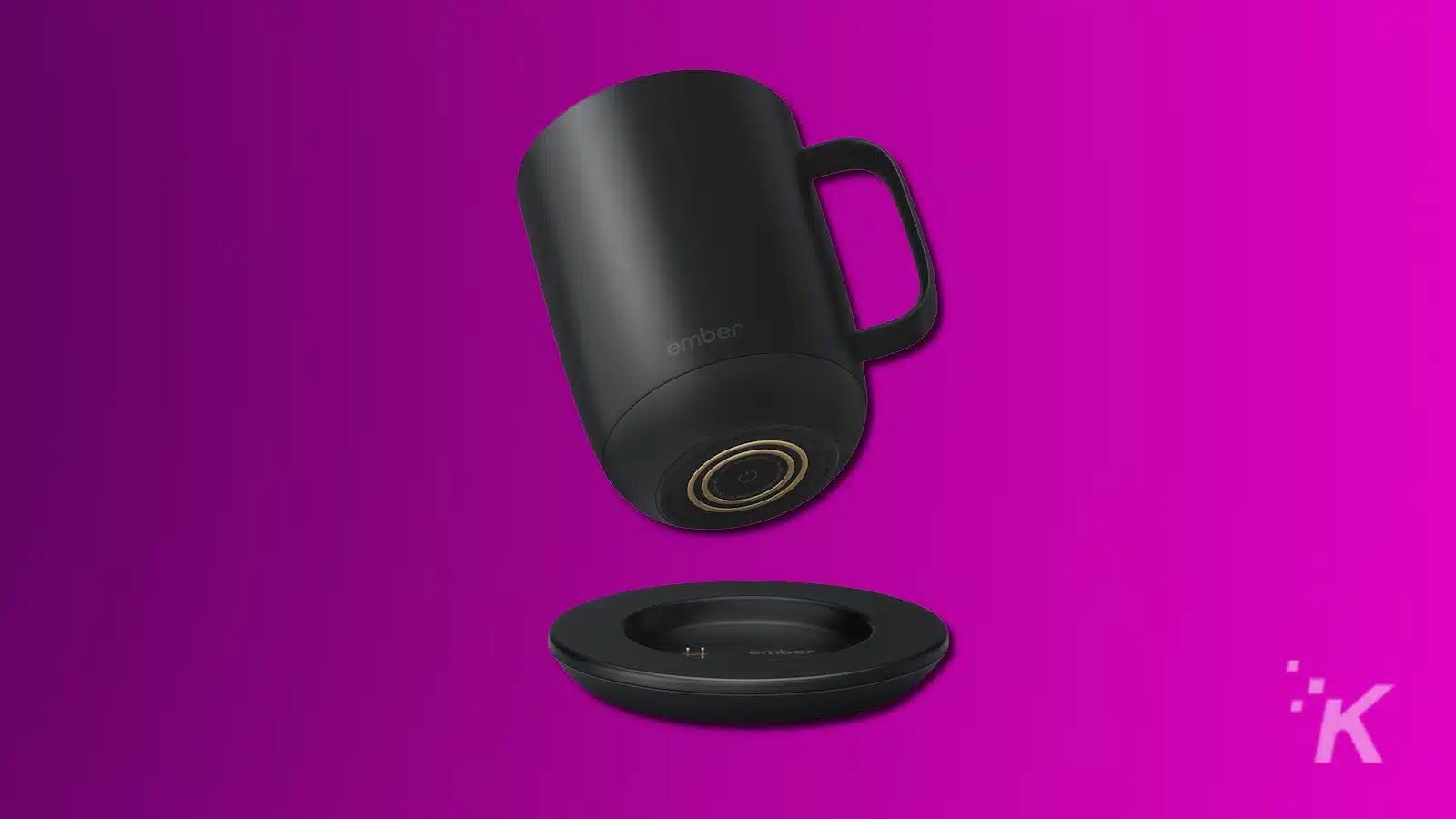 Black Ember smart mug with charger on purple background.