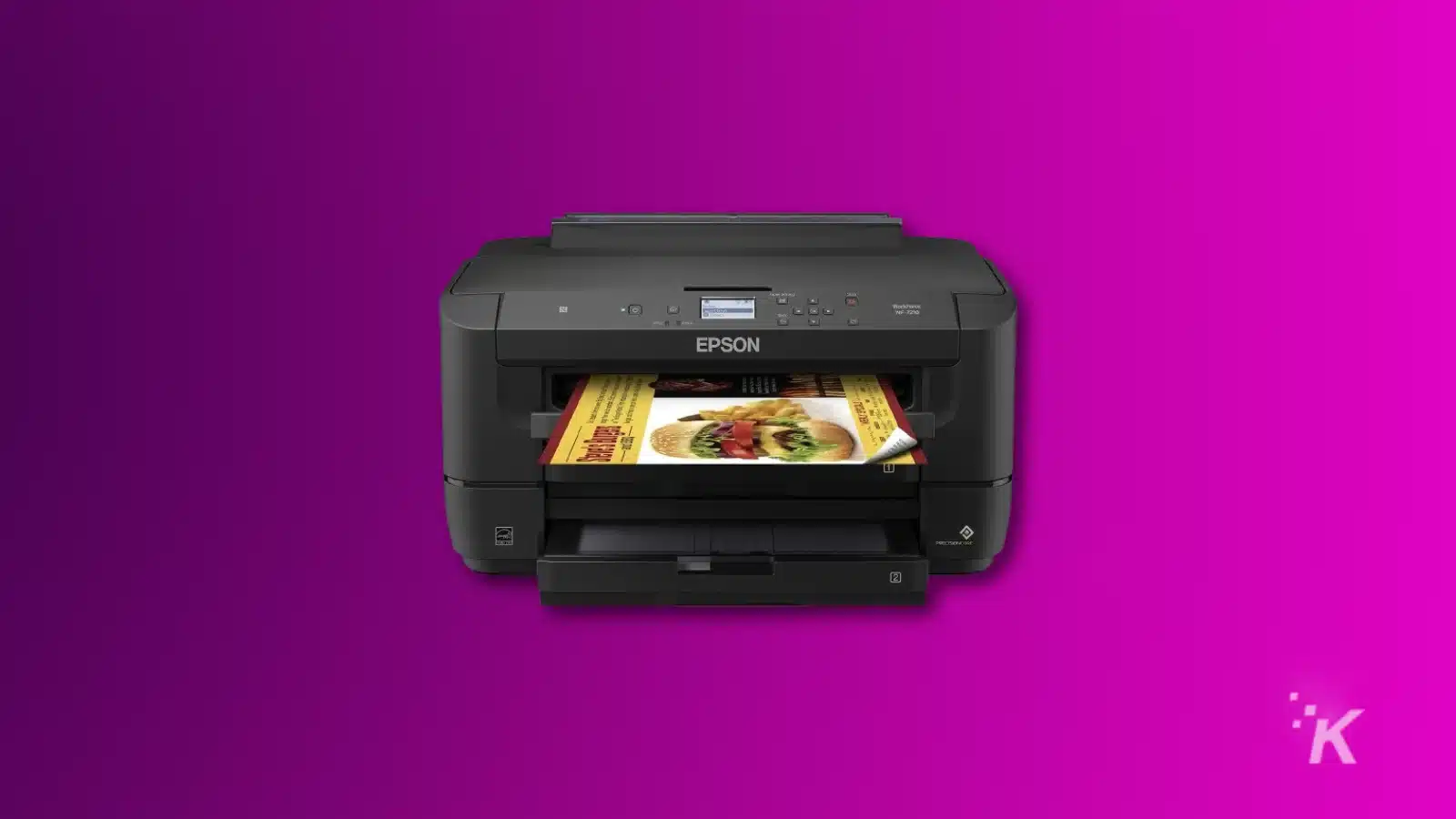 Epson printer printing colorful food magazine on a purple background