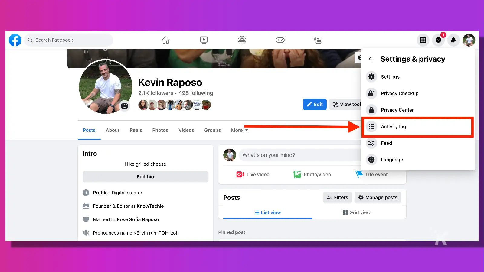 facebook page showing instructions on how to find Activity Log
