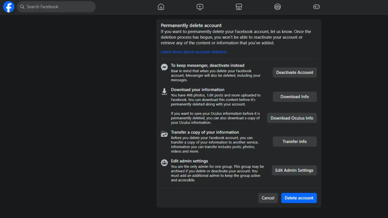 The image shows a Facebook account deletion screen, providing options for deactivating, downloading information, and deleting the account permanently.