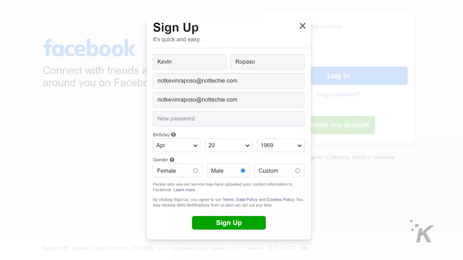 facebook sign up form