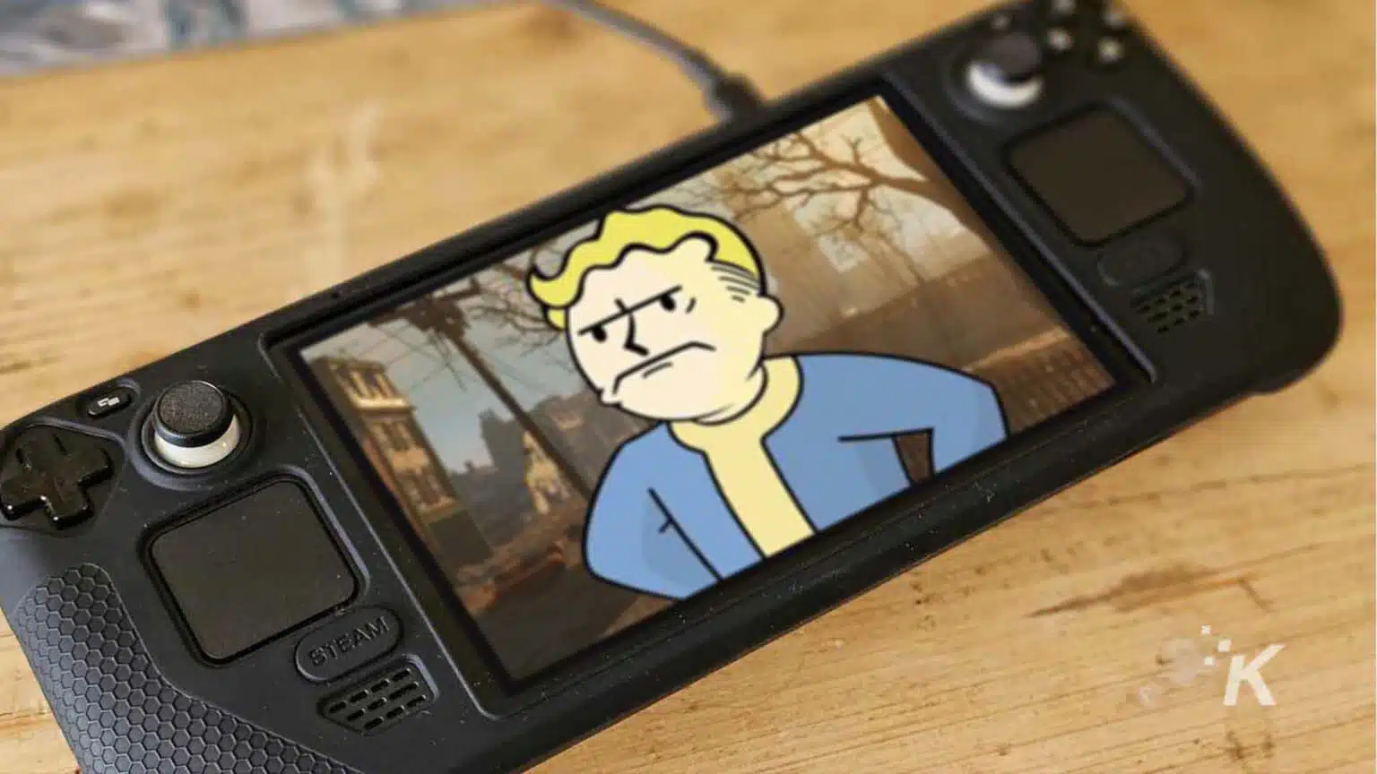 Steam Deck displaying animated character in a game.