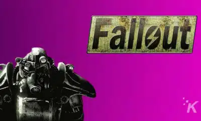 Fallout game logo with power armor helmet illustration