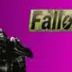 Fallout game logo with power armor helmet illustration